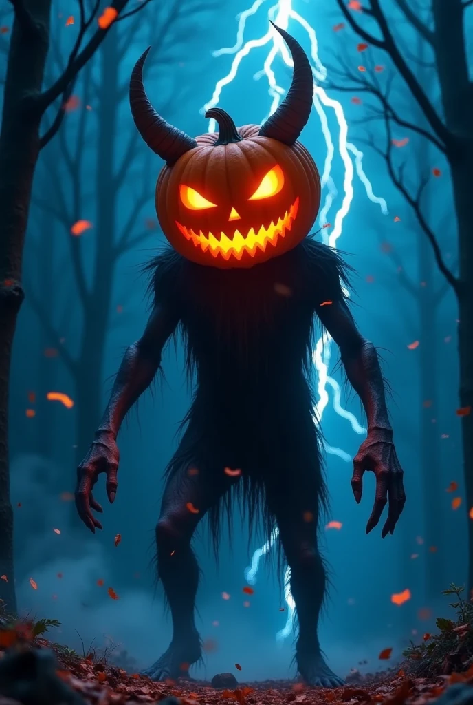 Halloween，a scary jack-o-lantern monster, horns of a demon, Legs crackled by countless lightning, bare twisted trees, colorful confetti, haunting, Weave intricate patterns with colored nebulae，dark, moody, Horror,dark fantasy,dramatic lighting,vibrant colors,cinematic