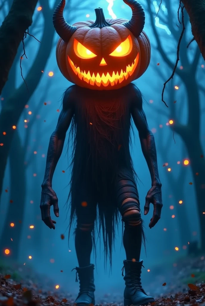 Halloween，a scary jack-o-lantern monster, horns of a demon, Legs crackled by countless lightning,  ripped clothes，Leather Boots，bare twisted trees, colorful confetti, haunting, Weave intricate patterns with colored nebulae，dark, moody, Horror,dark fantasy,dramatic lighting,vibrant colors,cinematic