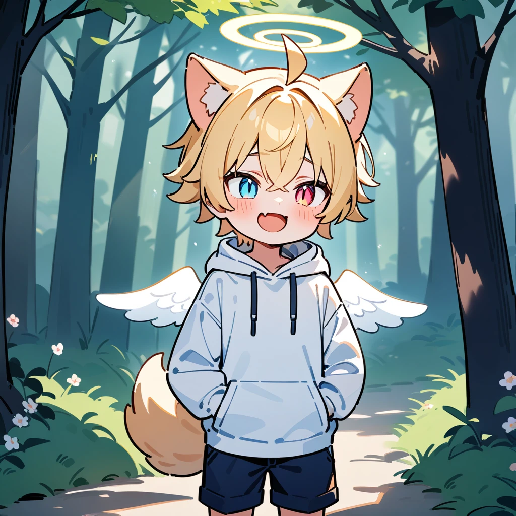 （masterpiece：1.2，high quality），8k，High resolution，A seven-year-old boy，cute boy，light blonde hair，short hair，crossed bangs， heterochromia，slit pupils， ahoge，cat ears，halo on the head，（halo），laughing，skin fang，There are white angel wings behind，Wearing a white hoodie，Dark blue shorts，Standing outdoors，Flowering tree branches，In the forest.，primary school student，thigh，dog tail，alone，((Put your hands in your pockets))