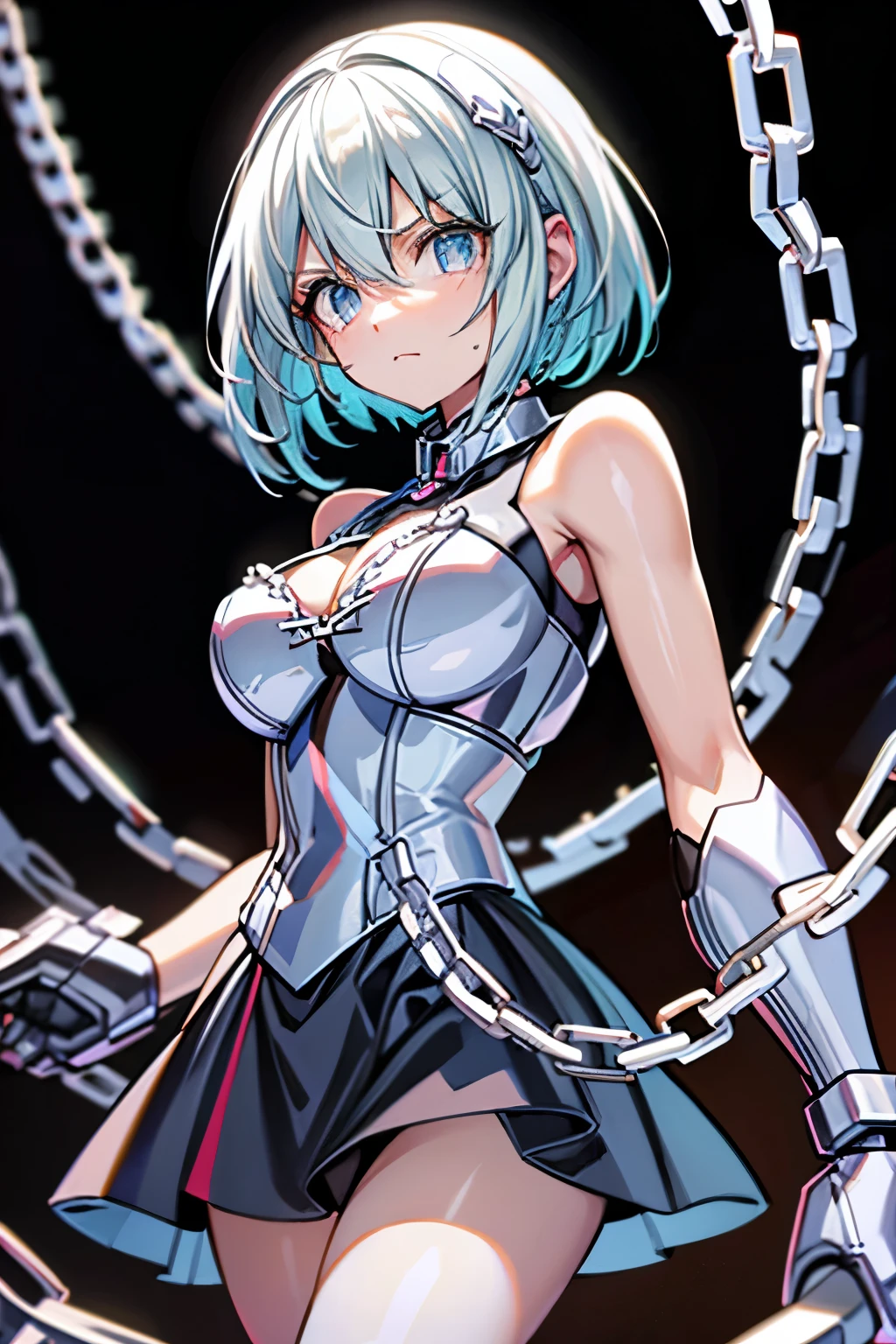 Android Girl,white hair,short and messy hair, purple neon eyes, Holding a chain whip,chains on the hands,chains action, chains around her arm, very cute, skirt, white blouse, cyberpunk theme