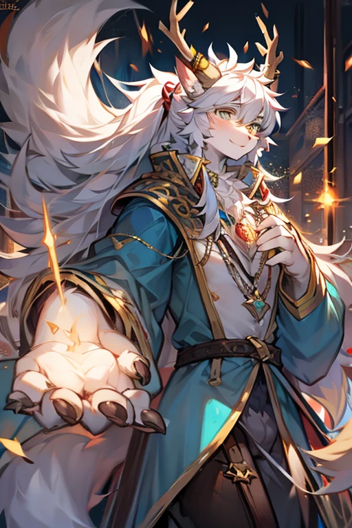 Double，Hairy male，Sika Deer（albino），White fur，Golden antlers，Long hair，White hair，  The ends of the hair are blue，Long hair，Low Ponytail， with golden eyes，While singing magic ，Floating in mid-air， and spread the phalanx under your feet ，handsome，Big Tail，Mage， wearing a blue robe ，White lining， in a dark lab ， moonlight shines through the window。