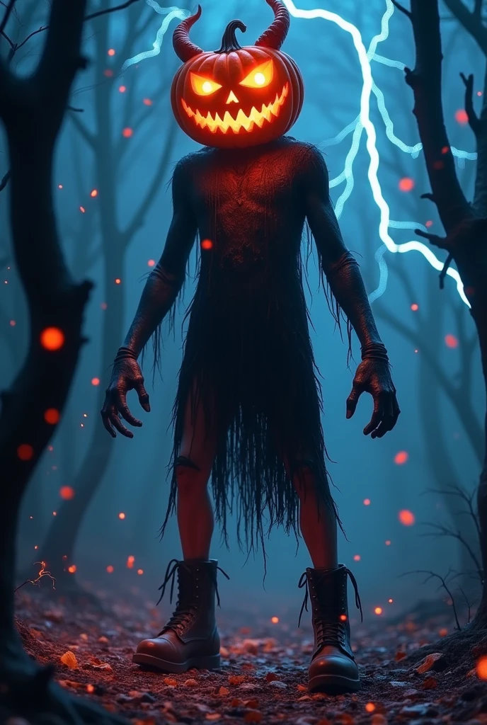 Halloween，a scary jack-o-lantern monster, horns of a demon, Legs crackled by countless lightning,  ripped clothes，Leather Boots，bare twisted trees, colorful confetti, haunting, Weave intricate patterns with colored nebulae，dark, moody, Horror,dark fantasy,dramatic lighting,vibrant colors,cinematic