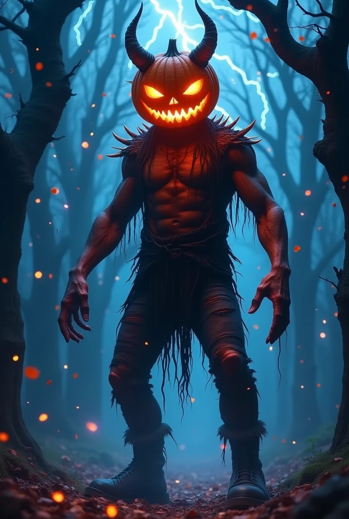 Halloween，a scary jack-o-lantern monster, horns of a demon, Legs crackled by countless lightning,  ripped clothes，Leather Boots，bare twisted trees, colorful confetti, haunting, Weave intricate patterns with colored nebulae，dark, moody, Horror,dark fantasy,dramatic lighting,vibrant colors,cinematic