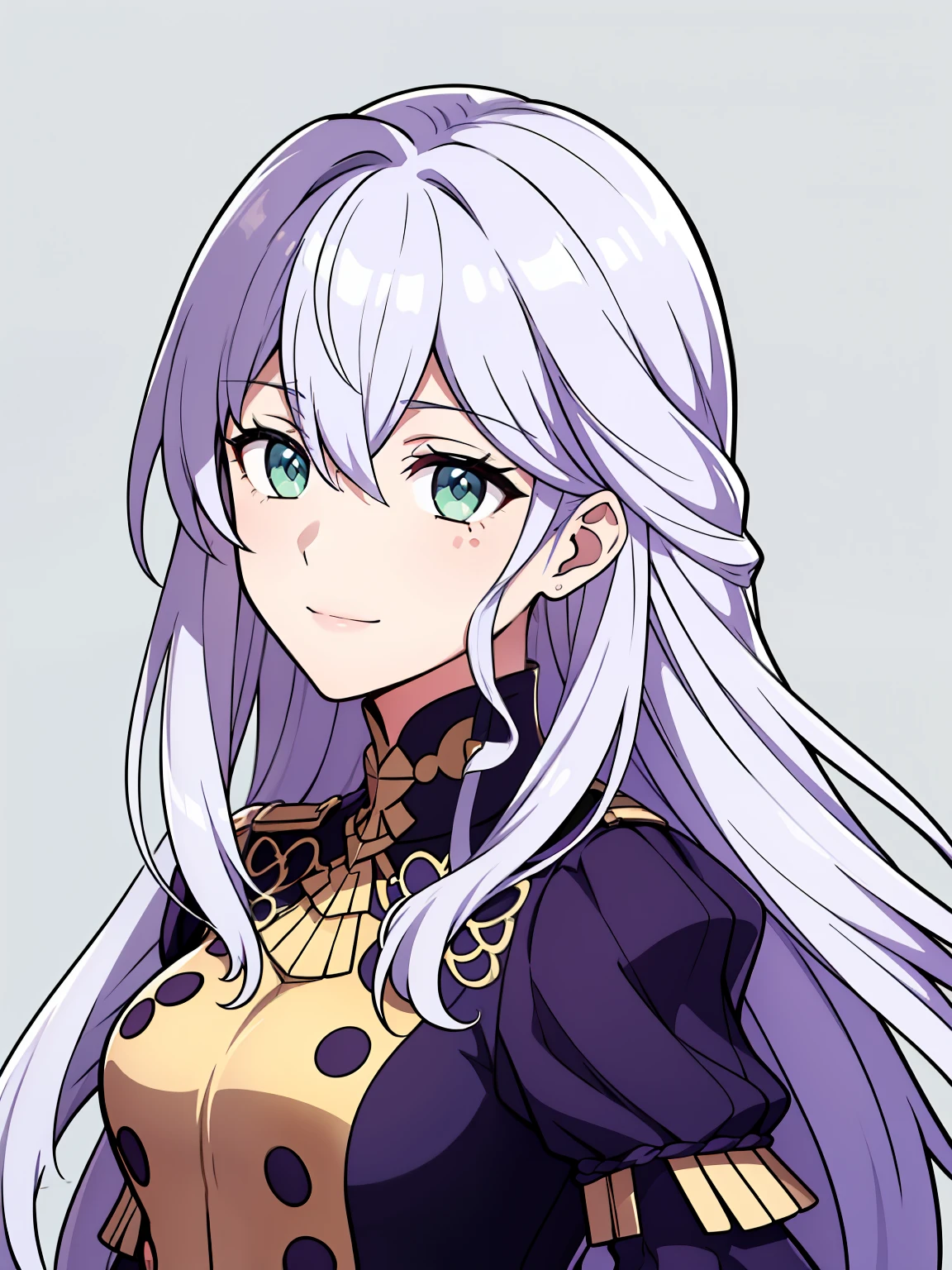 (high-quality, breathtaking),(expressive eyes, perfect face) 1girl, female, portrait, solo, young adult, neutral expression, cute smile, Symmetrical Eyes, Symmetrical ears, grey background, long hair, wavy spiky hair, fire emblem three houses art style, fe3h, white hair, green eyes, gmuniform, Garreg Mach Monastery Uniform
