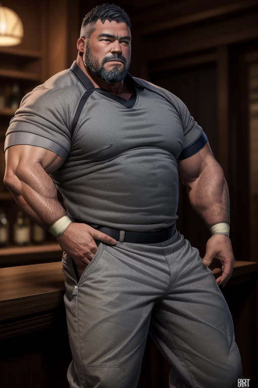 A chubby musclebear man, Japanese, (7 daddy:1.1), 1 man, Solo, (((wearing a grey rugby shirt, grey pants)))), ((He pulls down his pants and exposes his fundoshi)), (big shoulders), musculature, strong physique, chubby and stout, stubbles, realistic eyes, glasses, deadpan, looking at viewer, deadpan, lighting, (Best quality, A high resolution, Photorealistic), Cinematic lighting, Masterpiece, RAW photo, Intricate details, hdr, depth of field,, (realistic:1.4), (from the front), Super huge genital bulging area like a basketball, Super very short grey hair, Very short grey goatee, polo shirt, at bar counter