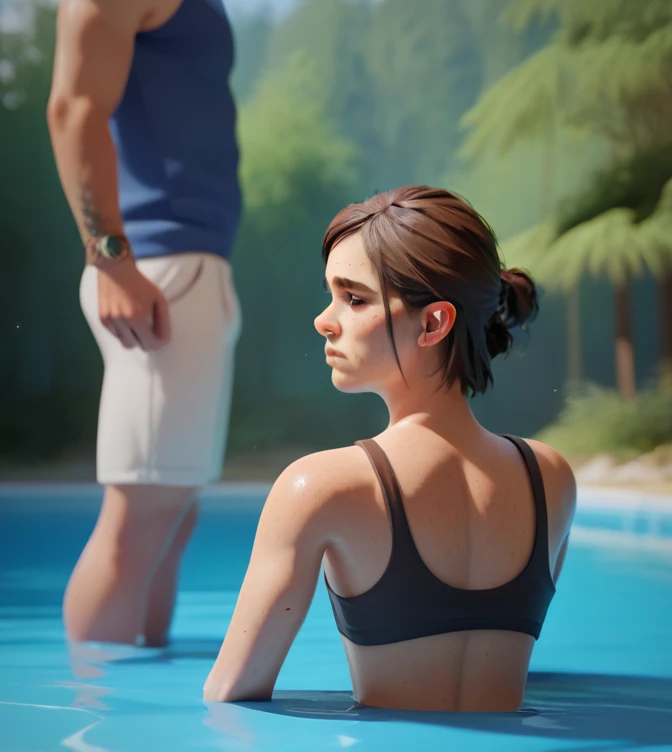   High resolution,   masterpiece  , necessary,    anatomically correct , Detail, 1 girl, Ellie Williams ,  The Last of Us Part 1 , in the forest, swimming, Ellie looking at a man in the distance 