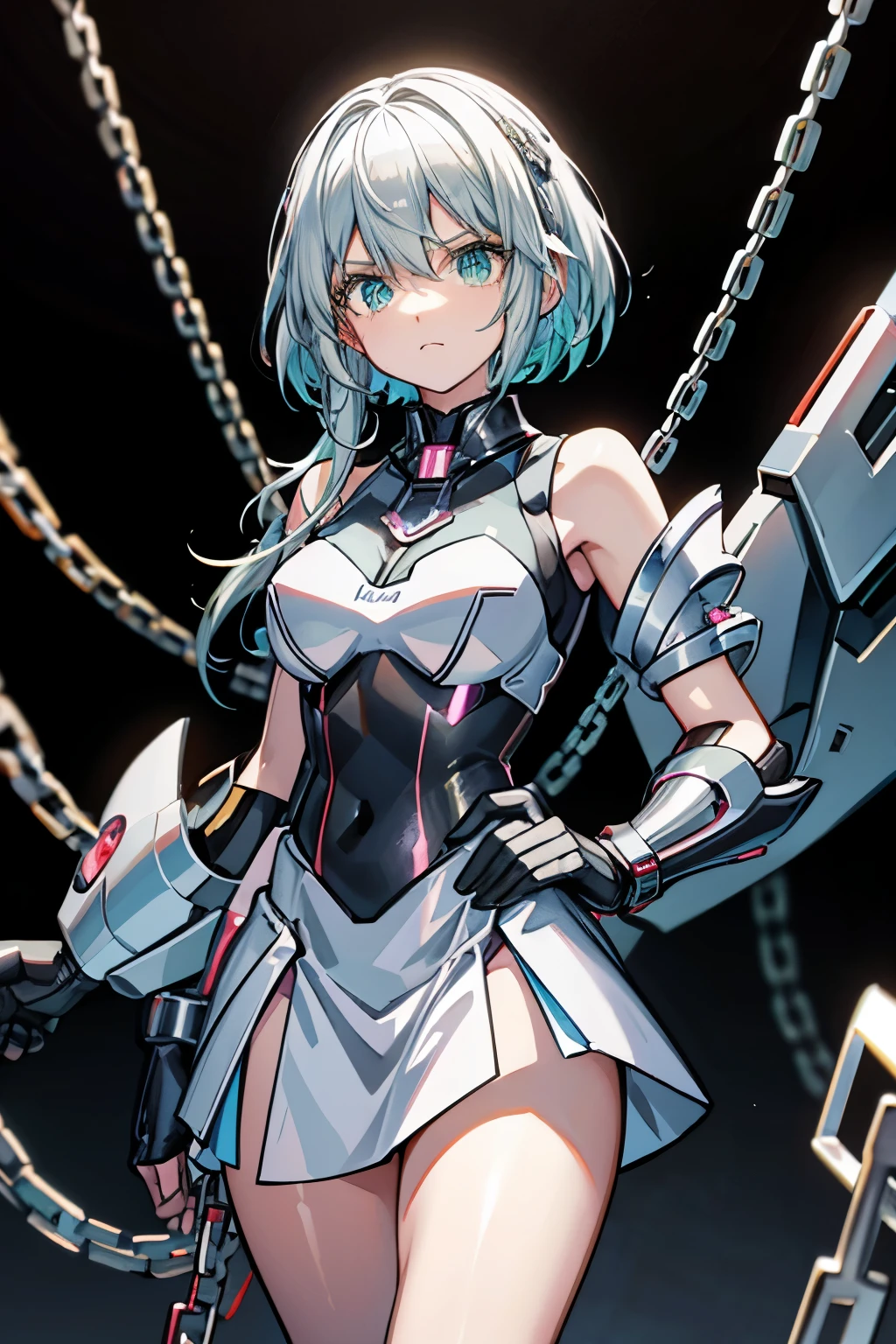 Android Girl,white hair,short and messy hair, purple neon eyes, Holding a chain whip,chains on the hands,chains action, chains around her arm, very cute, skirt, white blouse, cyberpunk theme