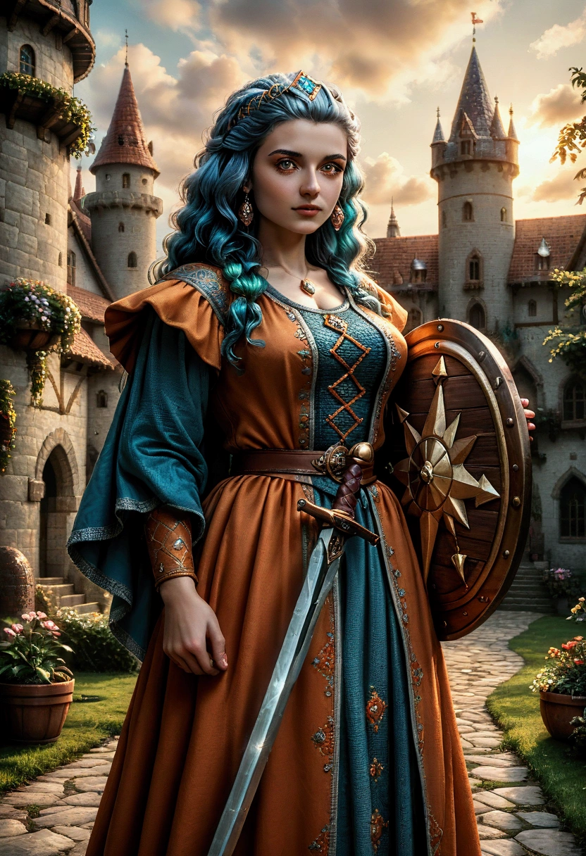 pixelism, (pixel style), 8 bits, Lady Raya from the game Defender of the Crown, standing proudly in a medieval castle courtyard, with stone walls, banners, and knights in the background. The scene is pixelated in classic 8-bit style, capturing the retro aesthetics of old-school video games. Lady Raya wears her iconic medieval gown, detailed in vibrant pixel colors, holding a sword and shield. The sky is bright blue with pixelated clouds, and the overall scene has the charm of a 1980s pixel art game, reminiscent of the original Defender of the Crown environments