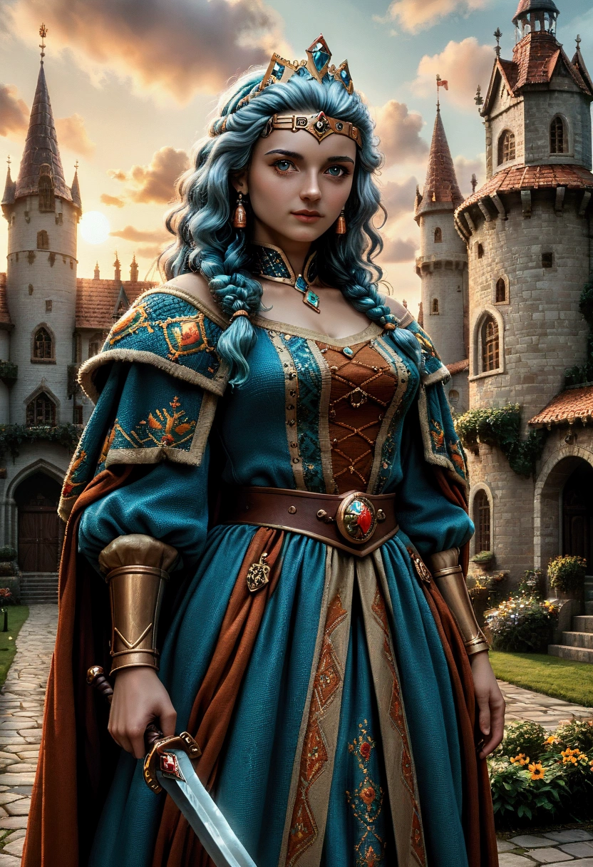 pixelism, (pixel style), 8 bits, Lady Raya from the game Defender of the Crown, standing proudly in a medieval castle courtyard, with stone walls, banners, and knights in the background. The scene is pixelated in classic 8-bit style, capturing the retro aesthetics of old-school video games. Lady Raya wears her iconic medieval gown, detailed in vibrant pixel colors, holding a sword and shield. The sky is bright blue with pixelated clouds, and the overall scene has the charm of a 1980s pixel art game, reminiscent of the original Defender of the Crown environments