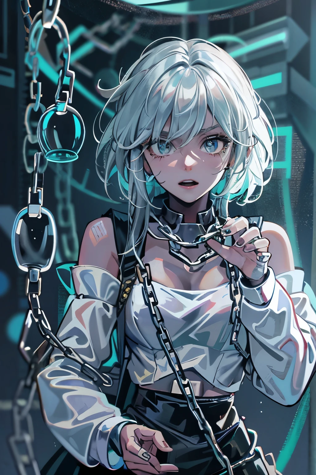 Android Girl,white hair,short and messy hair, purple neon eyes, Holding a chain whip,chains on the hands,chains action, chains around her arm, very cute, skirt, white blouse, cyberpunk theme