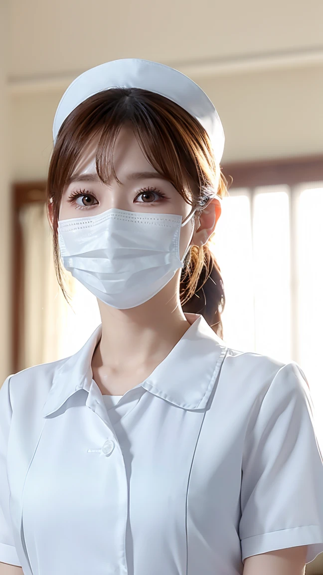 (Tabletop、Highest quality、8k、Award-winning works、Ultra-high resolution)、(one beautiful nurse:1.1)、(Perfect white nurse uniform:1.1)、(White Mask:1.1)、Accurate anatomy、(The background of the hospital room is strongly blurred:1.1)、very bright white lighting、(Face close-up:1.2)、Perfect beautiful makeup、Great cinema lighting、Tyndall effect、Elegantly upright