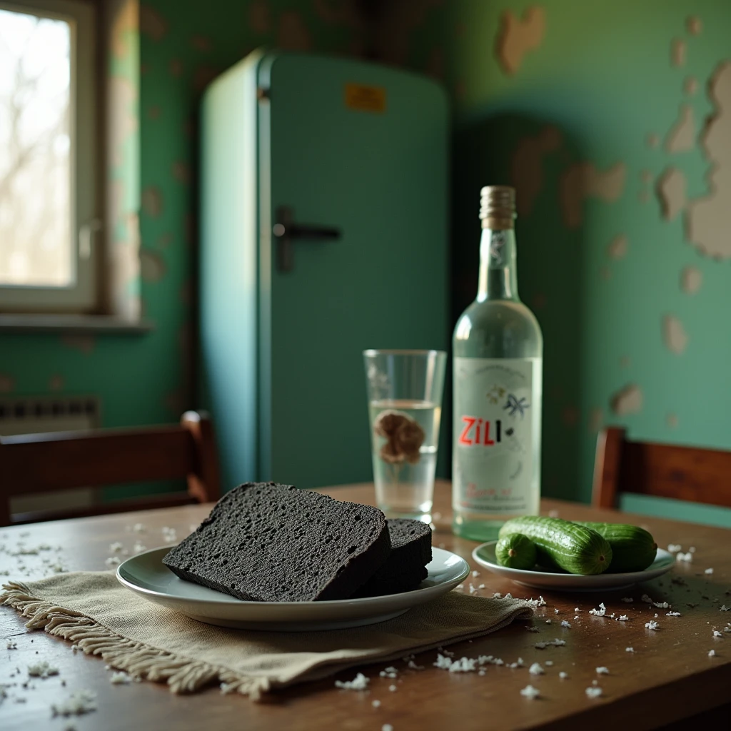  USSR atmosphere 1980-1990 ,  kitchen table with scratches and crumbs in the kitchen(, the green painted wall is already peeling off,desolation,(old white fridge  )( ZIL USSR refrigerator ) in the corner ,In the foreground , on the table there are 2 pieces of black bread  ( gray-black square ), there is a glass of vodka  ( lettering and a bottle of Russian Vodka behind " wheat " ( Russian vodka with  " wheat ")), and 2 lightly salted ones in the saucer cucumber ,photorealism, Soviet style photos of the 1970s , focus on bread ,on the table there are crumbs , USSR curtains on the window ( burnt into a yellow flower ),old cast iron battery ,