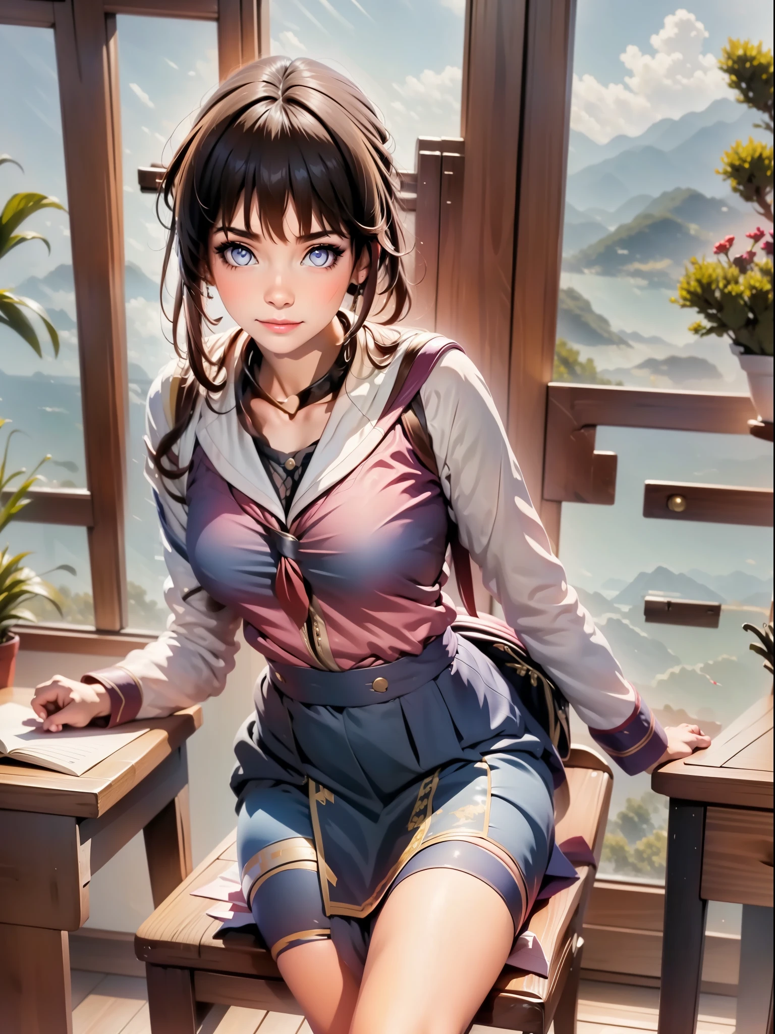 ((masterpiece, best quality)),best aesthetic,1girl, school uniform, desk, sitting, school desk, brown hair, classroom, long hair, indoors, chair, looking at viewer, :p, solo focus, brown eyes, skirt, long sleeves, pencil, 1 boy, pencil case, paper, black serafuku, multiple girls, pleated skirt, sailor collar, bangs, headrest, school bag, school chair