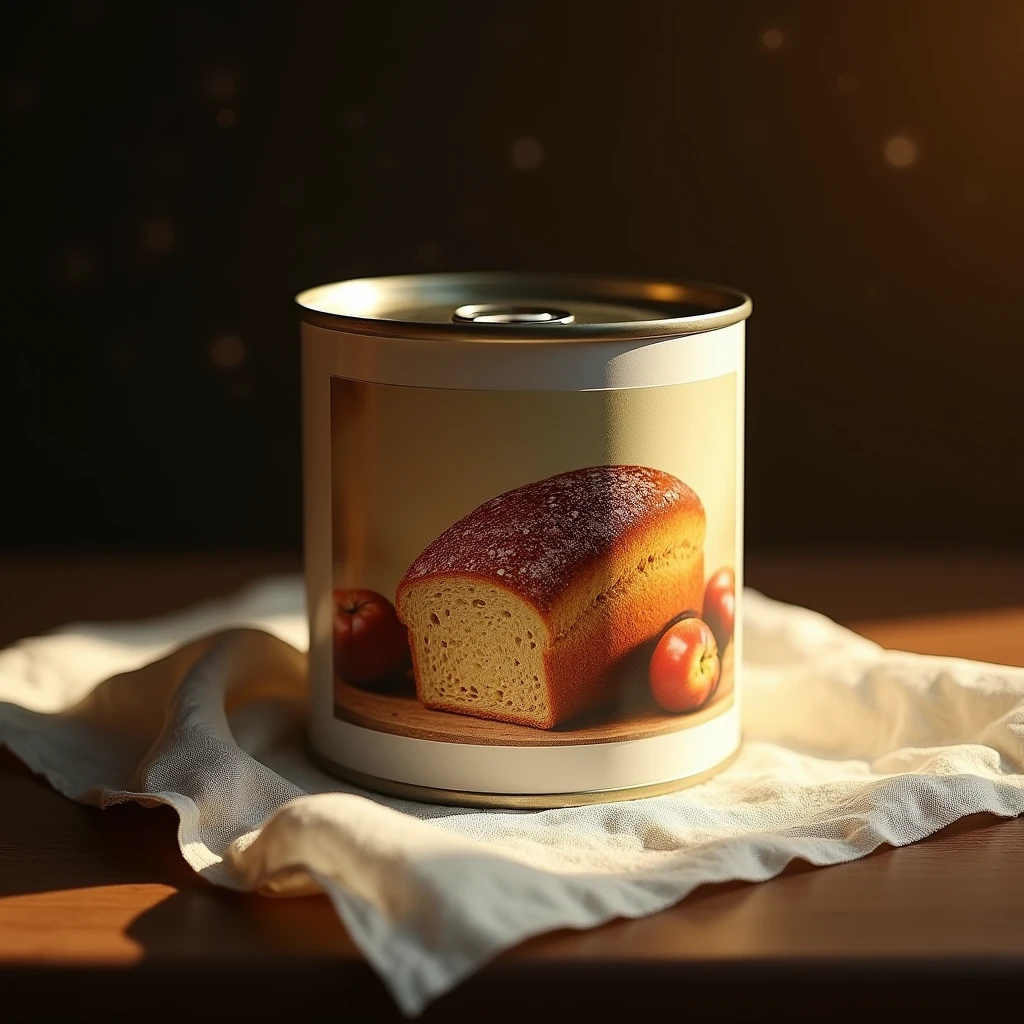 detailed closeup of a square tin can of canned bread, placed on a handkerchief, photorealistic, intricate details, warm lighting, soft shadows, high resolution, 8k, masterpiece