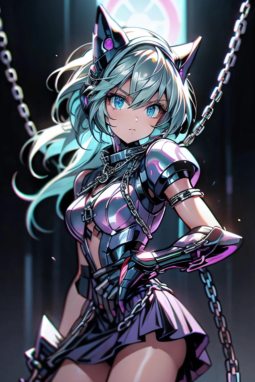 Android Girl,white hair,short and messy hair, purple neon eyes, Holding a chain whip,chains on the hands,chains action, chains around her arm, very cute, skirt, white blouse, cyberpunk theme