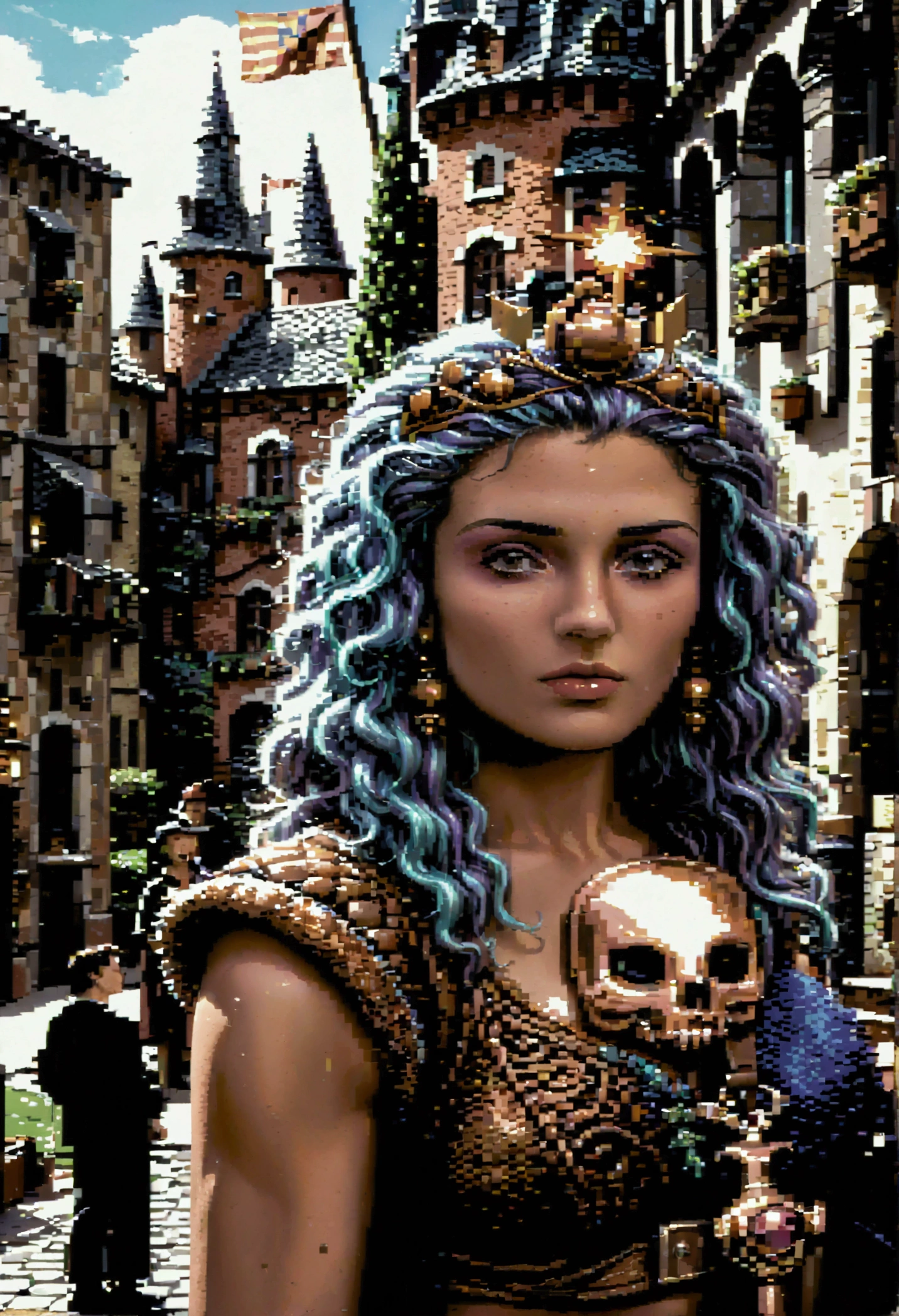 pixelism, (pixel style), 8 bits, Lady Raya from the game Defender of the Crown, standing proudly in a medieval castle courtyard, with stone walls, banners, and knights in the background. The scene is pixelated in classic 8-bit style, capturing the retro aesthetics of old-school video games. Lady Raya wears her iconic medieval gown, detailed in vibrant pixel colors, holding a sword and shield. The sky is bright blue with pixelated clouds, and the overall scene has the charm of a 1980s pixel art game, reminiscent of the original Defender of the Crown environments