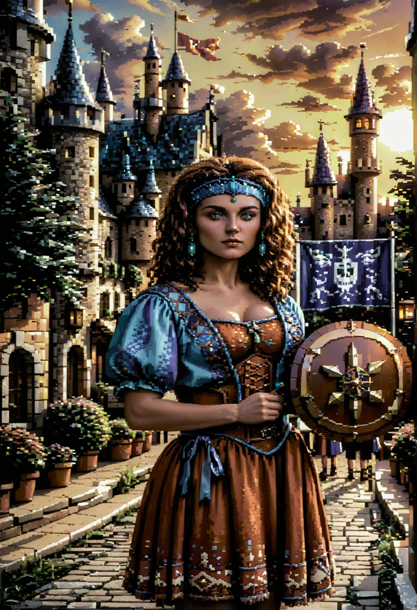 pixelism, (pixel style), 8 bits, Lady Raya from the game Defender of the Crown, standing proudly in a medieval castle courtyard, with stone walls, banners, and knights in the background. The scene is pixelated in classic 8-bit style, capturing the retro aesthetics of old-school video games. Lady Raya wears her iconic medieval gown, detailed in vibrant pixel colors, holding a sword and shield. The sky is bright blue with pixelated clouds, and the overall scene has the charm of a 1980s pixel art game, reminiscent of the original Defender of the Crown environments