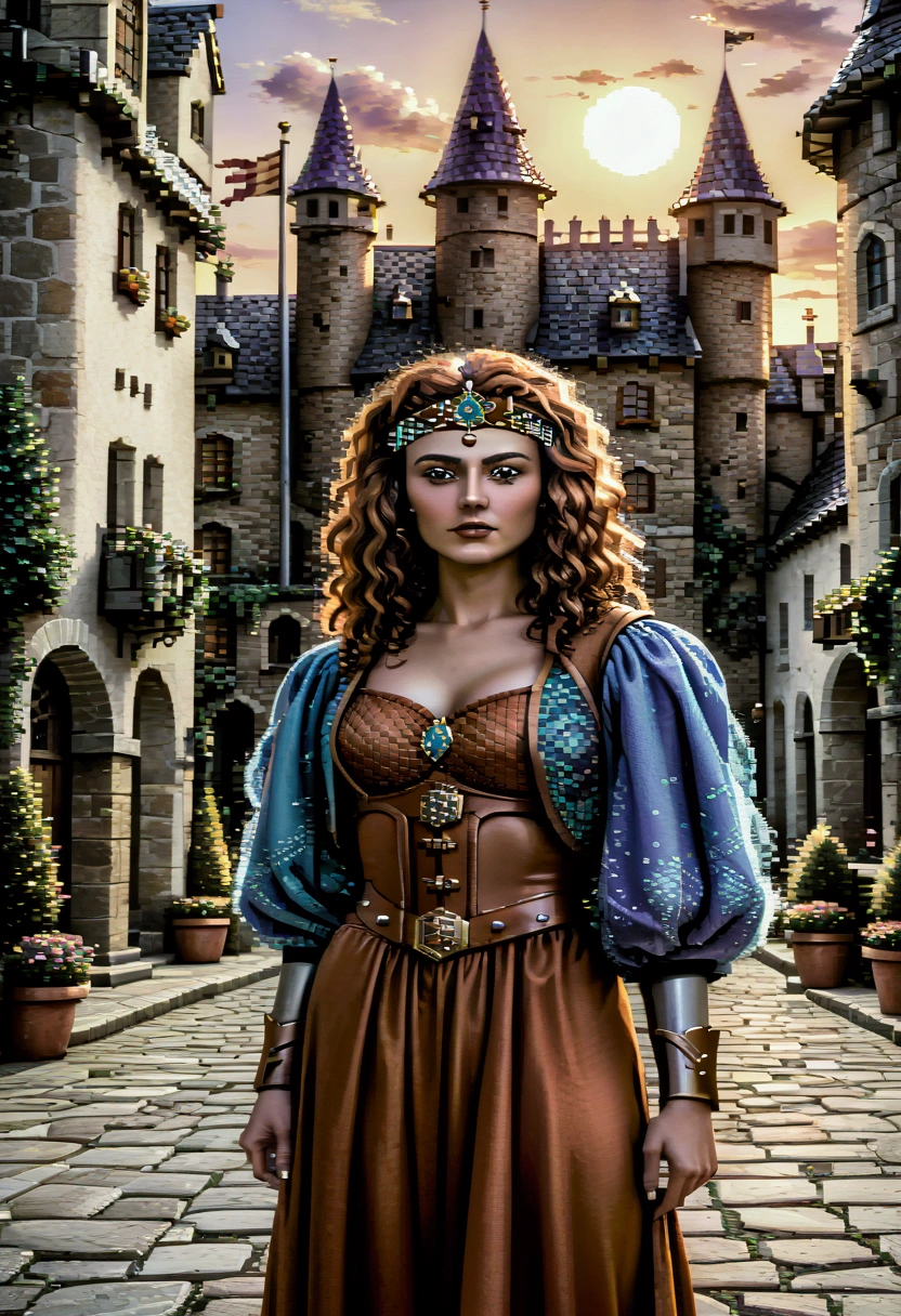 pixelism, (pixel style), 8 bits, Lady Raya from the game Defender of the Crown, standing proudly in a medieval castle courtyard, with stone walls, banners, and knights in the background. The scene is pixelated in classic 8-bit style, capturing the retro aesthetics of old-school video games. Lady Raya wears her iconic medieval gown, detailed in vibrant pixel colors, holding a sword and shield. The sky is bright blue with pixelated clouds, and the overall scene has the charm of a 1980s pixel art game, reminiscent of the original Defender of the Crown environments