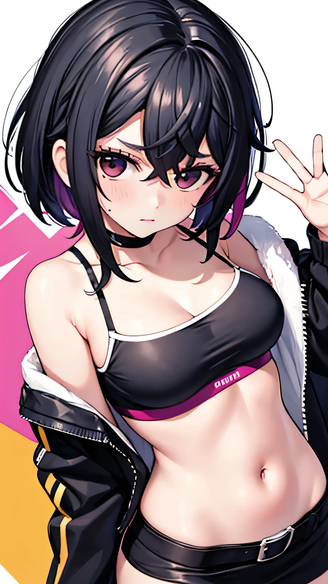 score_9,score_8_up,score_7_up,  ayase momo, 1girl, large breasts, sports bra, pencil skirt, short skirt, belt, navel, pink hoodie, long sleeves, off shoulder, bare shoulders, spaghetti strap, ,white background, tiled head,head tilt, black sports bra, black skirt, latex skirt, shiny open clothes,