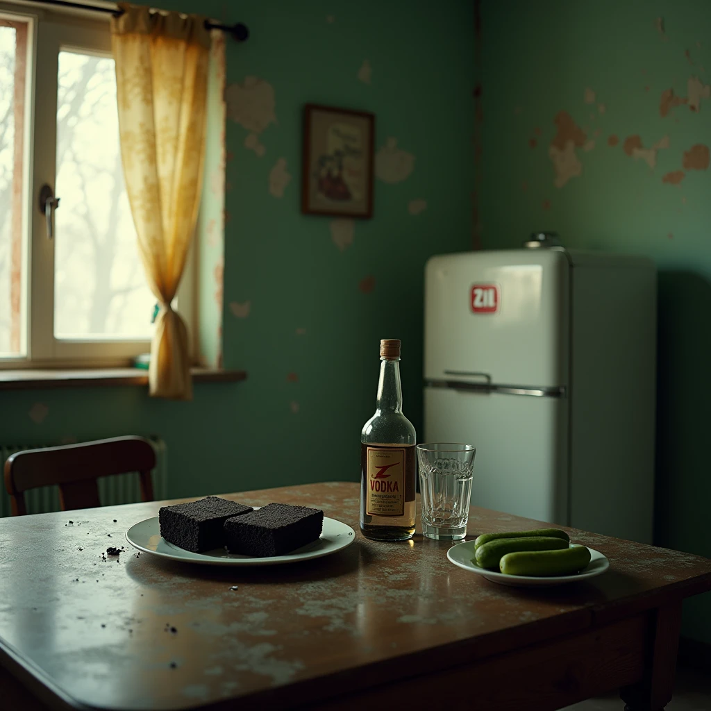  USSR atmosphere 1980-1990 ,  kitchen table with scratches and crumbs in the kitchen(, the green painted wall is already peeling off,desolation,(old white fridge  )( ZIL USSR refrigerator ) in the corner ,In the foreground , on the table there are 2 pieces of black bread  ( gray-black square ), there is a glass of vodka  ( lettering and a bottle of Russian Vodka behind " wheat " ( Russian vodka with  " wheat ")), and 2 lightly salted ones in the saucer cucumber ,photorealism, Soviet style photos of the 1970s , focus on bread ,on the table there are crumbs , USSR curtains on the window ( burnt into a yellow flower ),old cast iron battery ,