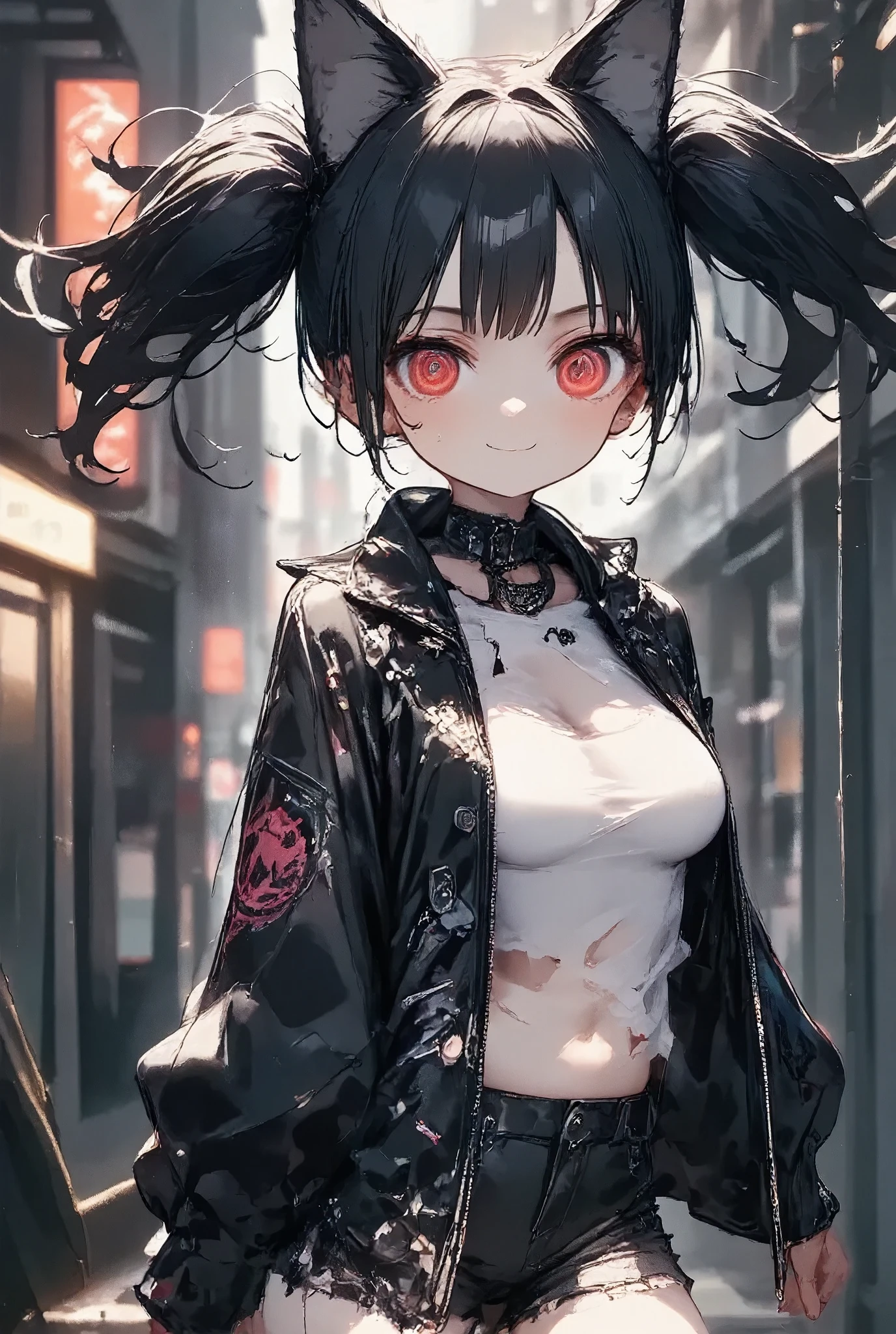 
girl\(cute, kawaii, age of 12,evil smile,black hair,long hair,twin tails hair,pale skin, skin color blue, red eyes, eyes shining,big eyes,breast,punk fashion,ripped clothes,tight tube top,tight hot pants,stomach shown,ripped black short jacket,fluffy black cat-ear,dynamic pose,spiral eyes,bang\),background\(outside, noisy city, backstreet, narrow street, neon lights, at night\)