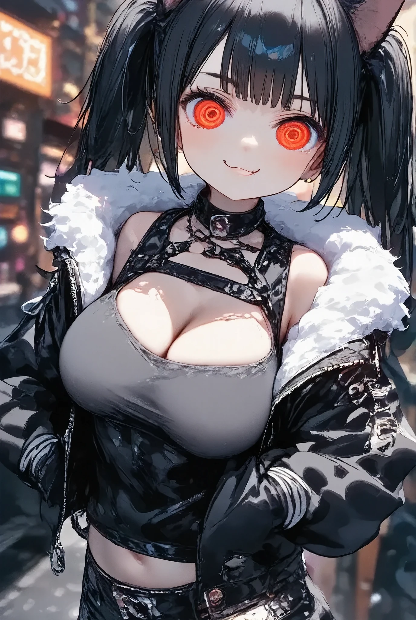 
girl\(cute, kawaii, ,evil smile,black hair,long hair,twin tails hair,pale skin, skin color blue, red eyes, eyes shining,big eyes,breast,punk fashion,ripped clothes,tight tube top,tight hot pants,stomach shown,ripped black short jacket,fluffy black cat-ear,dynamic pose,spiral eyes,bang\),background\(outside, noisy city, backstreet, narrow street, neon lights, at night\)