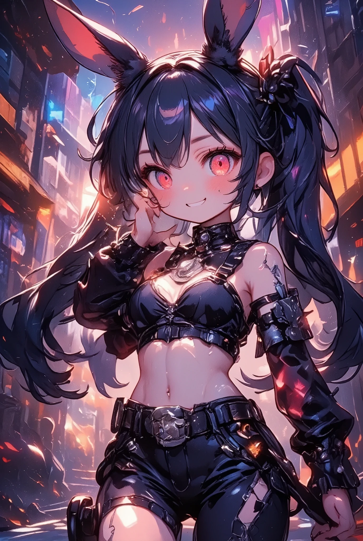 girl\(cute, kawaii, age of 12,evil smile,black hair,long hair,twin tails hair,pale skin, skin color blue, red eyes, eyes shining,big eyes,breast,punk fashion,ripped clothes,tight tube top,tight hot pants,stomach shown,ripped black short jacket,fluffy black cat-ear,dynamic pose,spiral eyes,bang\),background\(outside, noisy city, backstreet, narrow street, neon lights, at night\)