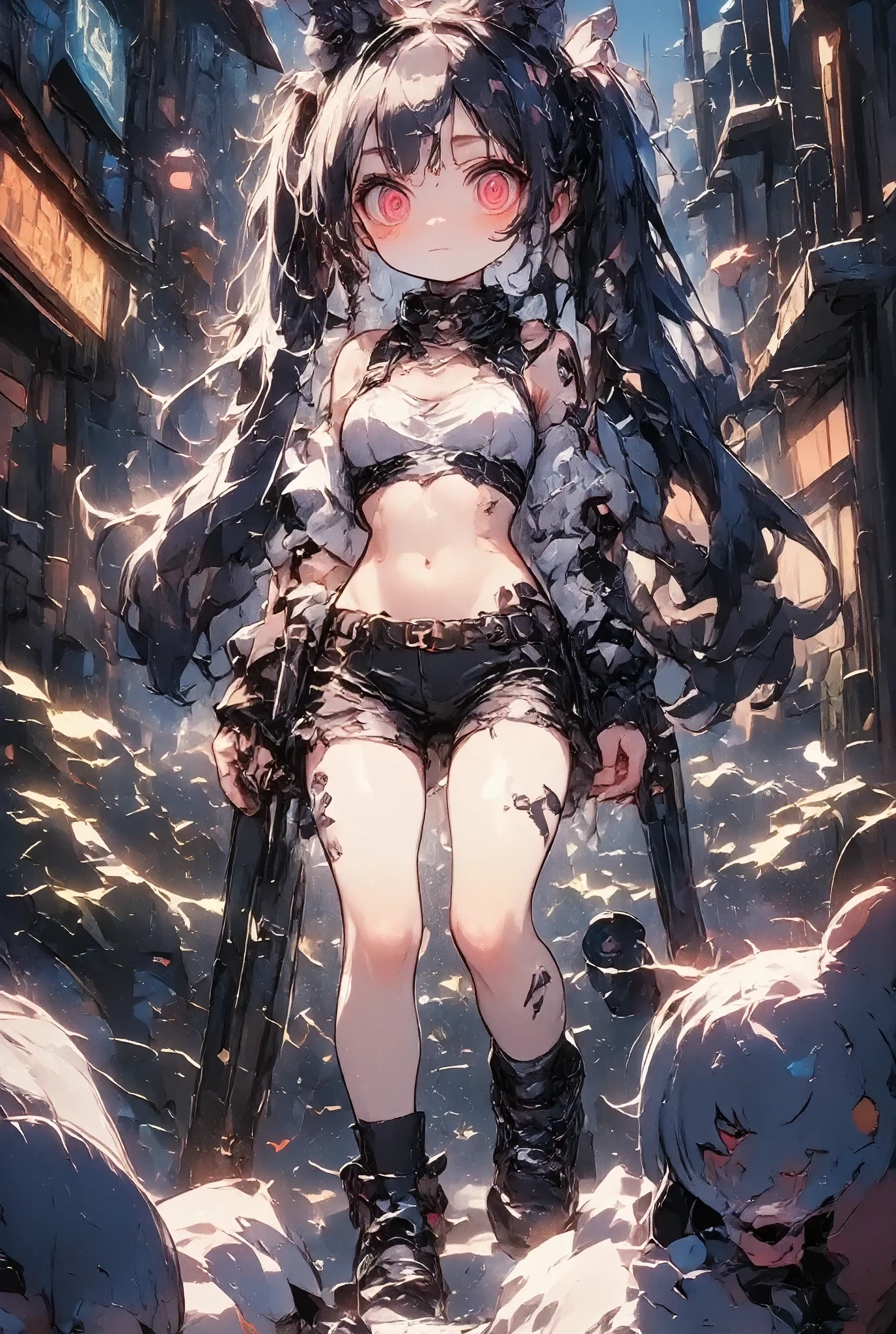 girl\(cute, kawaii, age of 12,evil smile,black hair,long hair,twin tails hair,pale skin, skin color blue, red eyes, eyes shining,big eyes,breast,punk fashion,ripped clothes,tight tube top,tight hot pants,stomach shown,ripped black short jacket,fluffy black cat-ear,dynamic pose,spiral eyes,bang\),background\(outside, noisy city, backstreet, narrow street, neon lights, at night\)