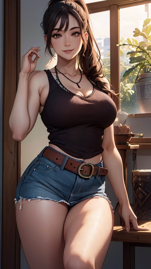  masterpiece ,  high resolution:1.4),  The best quality , illustration,  Ultra detailed, Fine details, highres,  (Perfect dynamic composition) ,  beautiful detailed brown eyes , shiny necklace and earrings, (sexy dynamic body),  beautiful long brown hair , 26 years old, (highest quality,4k,8K, high resolution, masterpiece :1.2), super detailed, abdomen,  Smiling with a little emotion , , thighs, COWBOY SHOT,  Big breasts,  sleeveless high collar black ,  black , collect,  Mini skirt with ruffles and bobbin lace ,Cara sexy,( a belt),Bags, (A necklace),(piercings), Shoulderless V-neck sweater with big and loose bobbin lace, Use the sunset as lighting , cinematic light , ( ponytail hairstyle)