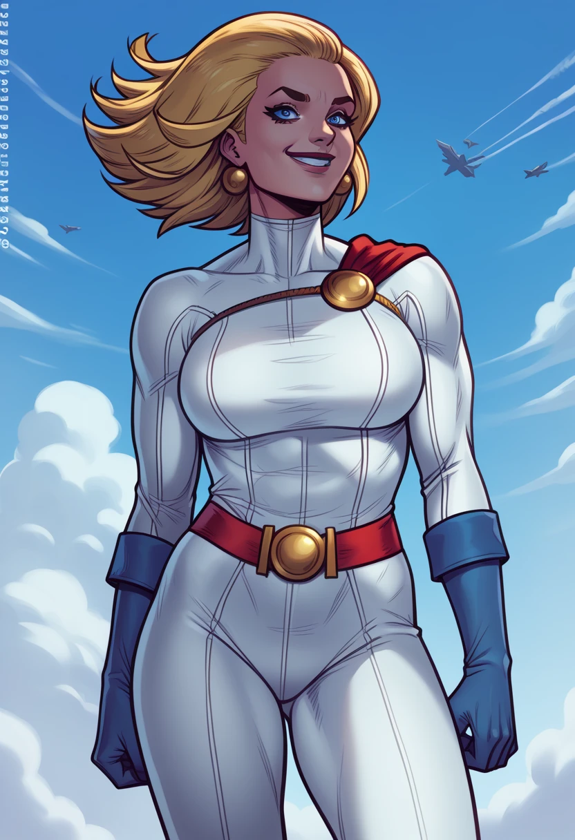 The character Power Girl, perfect costume, smooth curves, blond hair, perfect blue eyes, beautiful smile, flying in the sky (atirando raios Leizer pelos olhos) voluptuosa, decote grande curvas sexy 