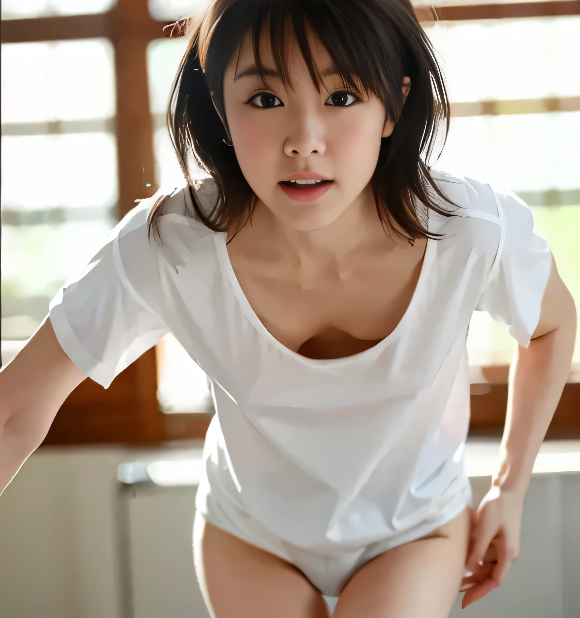 Highest quality、masterpiece、vivid photograph、、Ultra-high resolution、Realistic、Professional Lighting、Natural light、photograph、smile、Ultra Slim、Slender body、Very cute girl、beautiful girl、、The cutest Erina Mano、Idle class、White skin、(Small breasts、Flat Chest:1.4)、(whiteＴPut on a shirt:1.8)、Wear white panties、(Leaning forward:1.2、Her cleavage is visible:1.2)