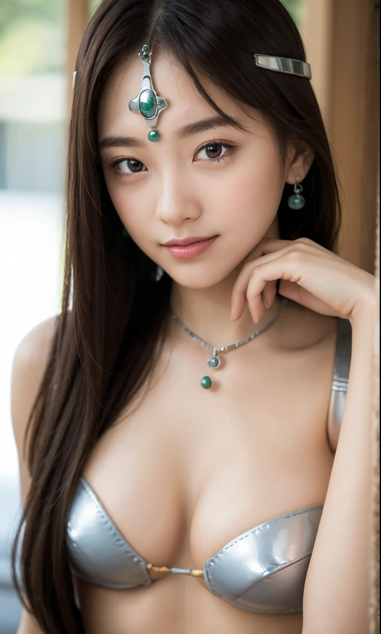 a warrior girl, circlet, bikini top, pelvic curtain, loincloth, earrings, bracelet, high resolution, cinematic, raw photo, masterpiece, intricate, beautiful face, beautiful lips, 20 years old, looking at viewer, tight cleavage, (colossal tits:1.3), smiling, nice body, golden long hair, top quality, very intricate, extreme detailed, 8k wallpaper