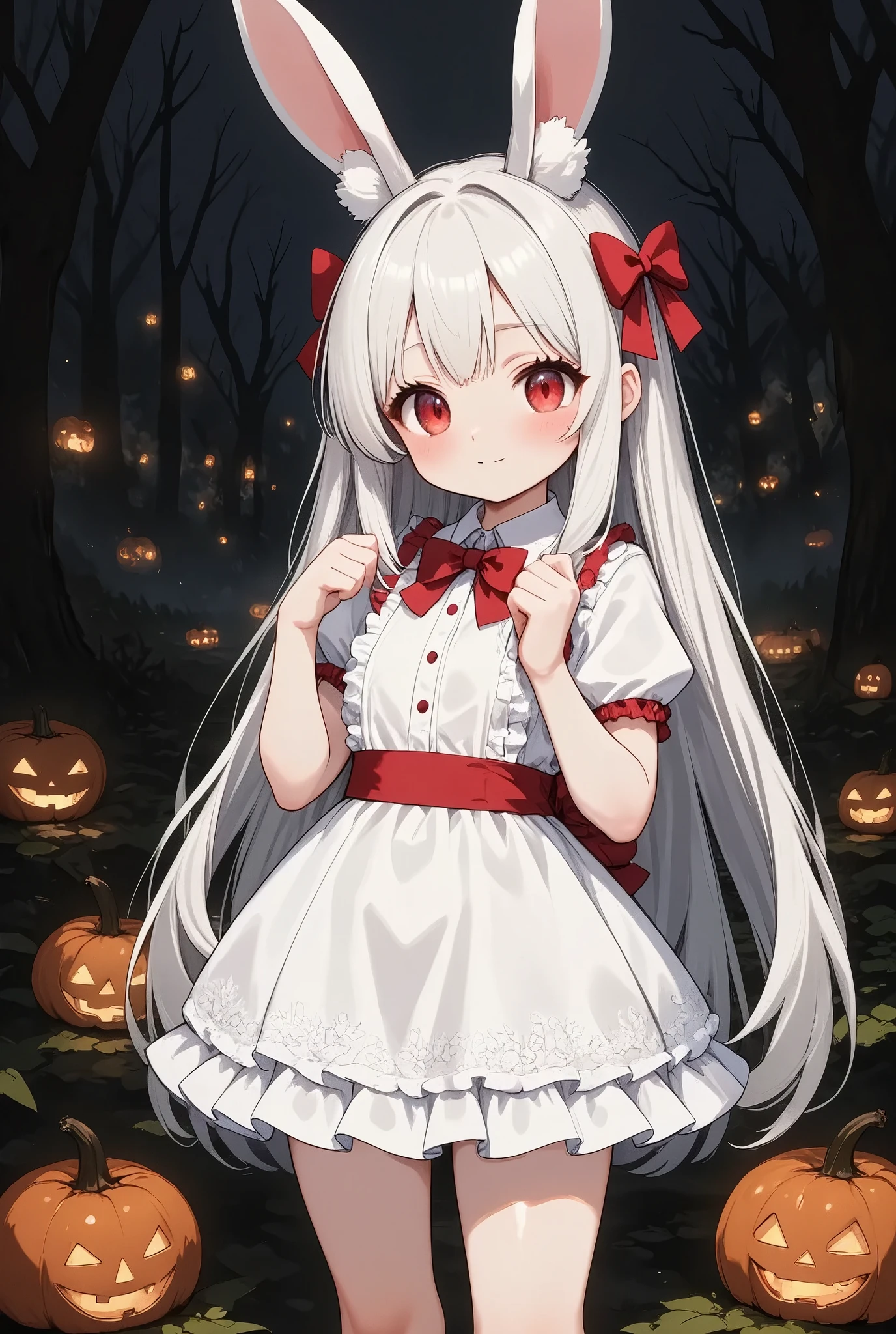 girl\(chibi,cute,kawaii,small ,white hair,very long hair,bangs,ear\(fluffy white bunny-ear\), bunny tail,red eye,big eye,beautiful shiny eye,skin color white,big hairbow,white frilled dress,breast,full body\), many jack-o'-lantern ,background\(dark woods, dead trees, horror mood, Halloween night\)