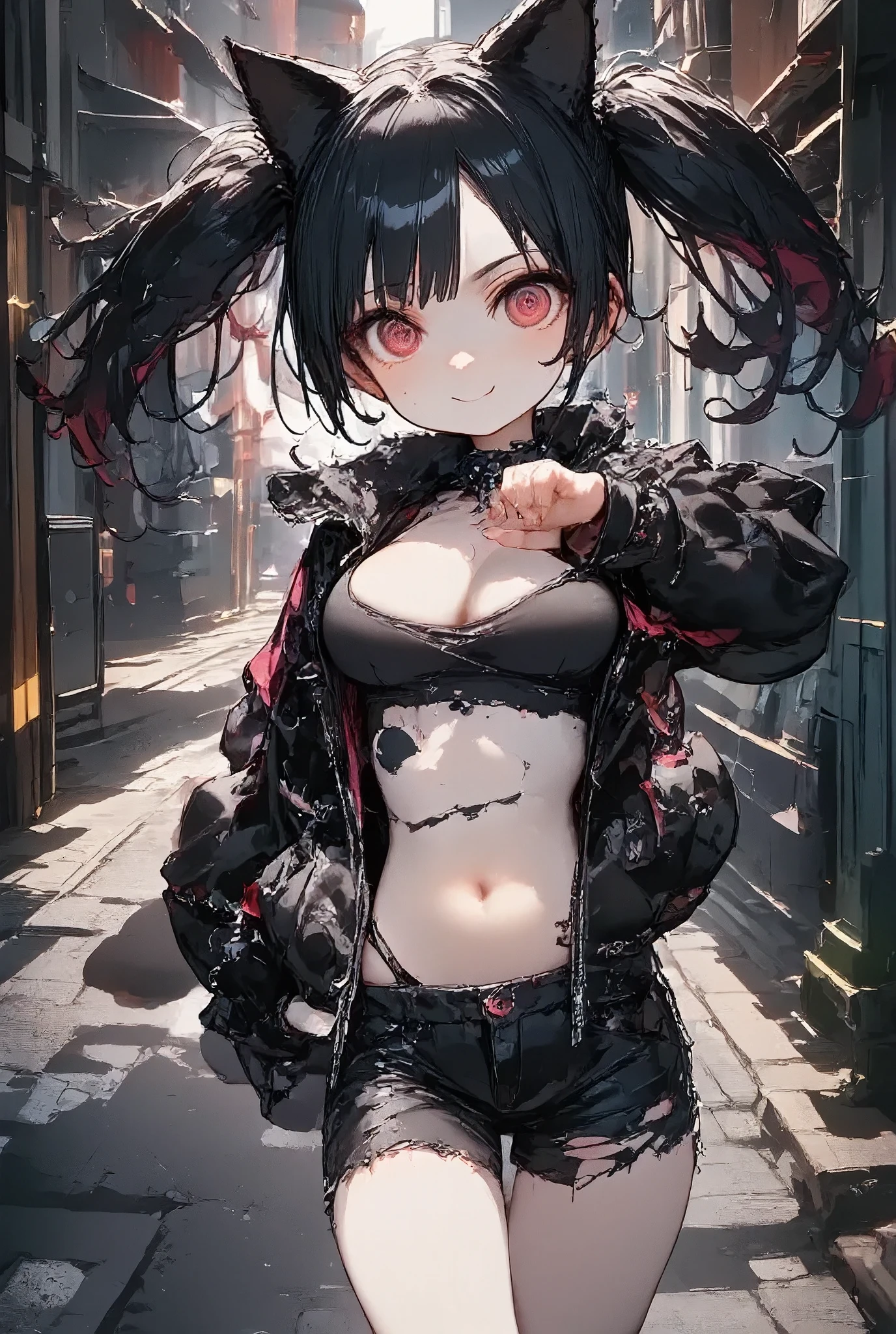 girl\(cute, kawaii, age of 12,evil smile,black hair,long hair,twin tails hair,pale skin, skin color blue, red eyes, eyes shining,big eyes,breast,punk fashion,ripped clothes,tight tube top,tight hot pants,stomach shown,ripped black short jacket,fluffy black cat-ear,dynamic pose, spiralwash eyes, spiral eyes,bang\),background\(outside, noisy city, backstreet, narrow street, neon lights, at night\)