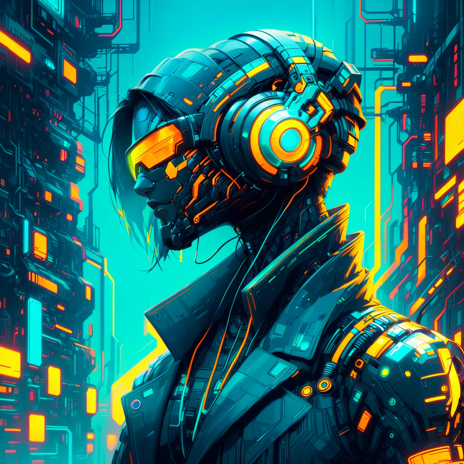 a close up of a person wearing headphones and a suit, neon operator, cyberpunk dude, cyberpunk hero, neon scales and cyborg tech, bright cyberpunk glow, cyberpunk character, cyber universe style, cyber style, cyberpunk art style, cyberpunk futuristic neon, cyberpunk soldier, neon cyberpunk, astronaut cyberpunk electric, cyberpunk character art, with futuristic gear and helmet, cyber noir, cyberpunk artstyle