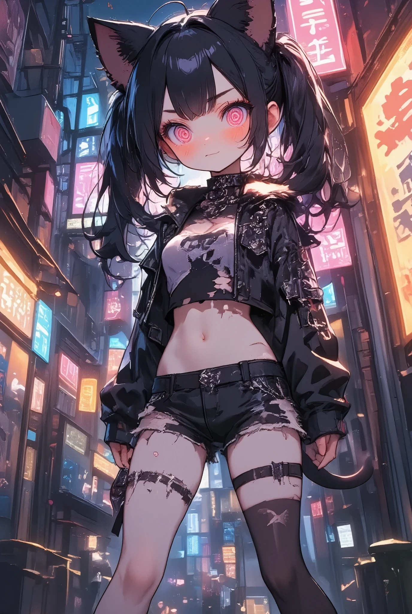 girl\(cute, kawaii, ,evil smile,black hair,long hair,twin tails hair,pale skin, skin color blue, red eyes, eyes shining,big eyes,breast,punk fashion,ripped clothes,tight tube top,tight hot pants,stomach shown,ripped black short jacket,fluffy black cat-ear,dynamic pose,spiral eyes,bang\),background\(outside, noisy city, backstreet, narrow street, neon lights, at night\)