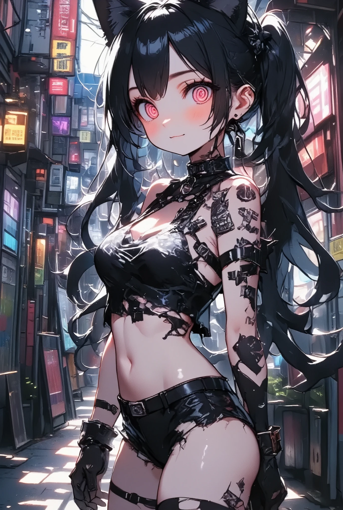 girl\(cute, kawaii, age of 12,evil smile,black hair,long hair,twin tails hair,pale skin, skin color blue, red eyes, eyes shining,big eyes,breast,punk fashion,ripped clothes,tight tube top,tight hot pants,stomach shown,ripped black short jacket,fluffy black cat-ear,dynamic pose,spiral eyes,bang\),background\(outside, noisy city, backstreet, narrow street, neon lights, at night\)