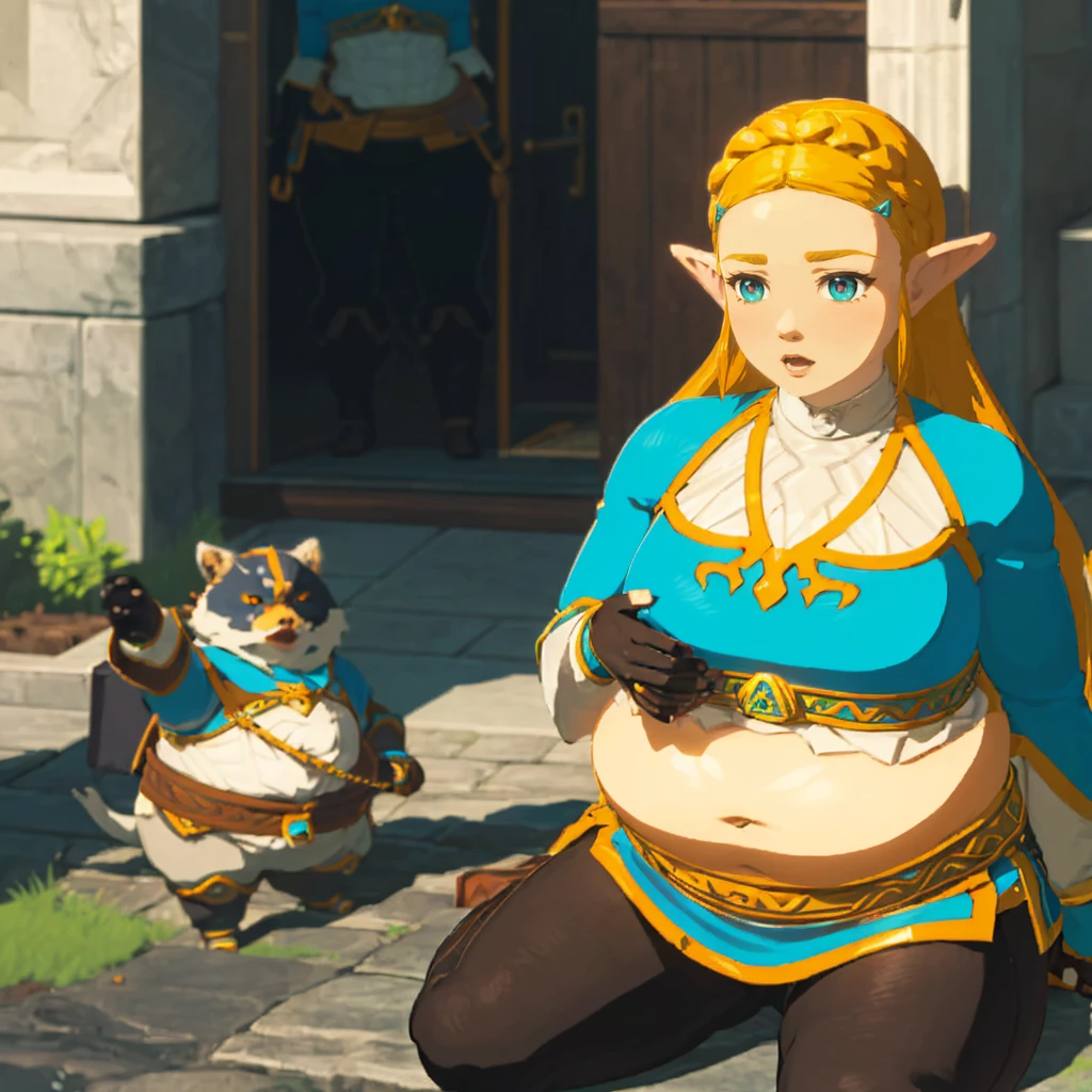 best quality, high rating, correct anatomy, uhd, high resolution, (hyper detailed), flawless, detailed, c.cu(artist), blushyspicy(artist), spellsx(artist), kipteitei(artist),(Perfect Face), 
(Zelda((Brearh_of_the_Wild))), 1girl, long hair,blonde hair, braids in hair ,earrings, elf ears, blue eyes,blue tunic over white undershirt, blue tunic with golden accents, leather gloves, black tights, leather boots, ((belly in blue tunic, covered shoulders and arms, exposed belly)),


1girl, cute face, horny, embarrassed, detailed eyes,

enormous belly, fat belly, thicc, bigger belly, really big belly, jiggly belly, giant huge belly, big enormous belly, ((((gigantic belly)))), bloated belly, fat belly, ginormous big belly, expanding big belly, ((holding her bbelly with her hands)), deep navel:1.4, navel outline, sitting on the ground, immoble, spread legs, obese belly between legs, botw style, (((covered shoulders:1.4)))