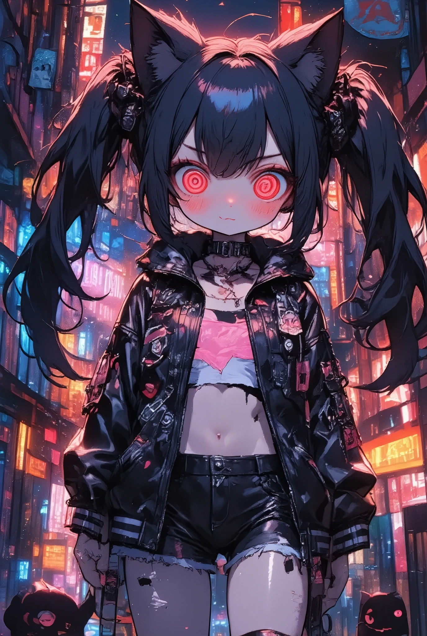 girl\(cute, kawaii, age of 12,evil smile,black hair,long hair,twin tails hair,pale skin, skin color blue, red eyes, eyes shining,big eyes,breast,punk fashion,ripped clothes,tight tube top,tight hot pants,stomach shown,ripped black short jacket,fluffy black cat-ear,dynamic pose,spiral eyes,bang\),background\(outside, noisy city, backstreet, narrow street, neon lights, at night\)