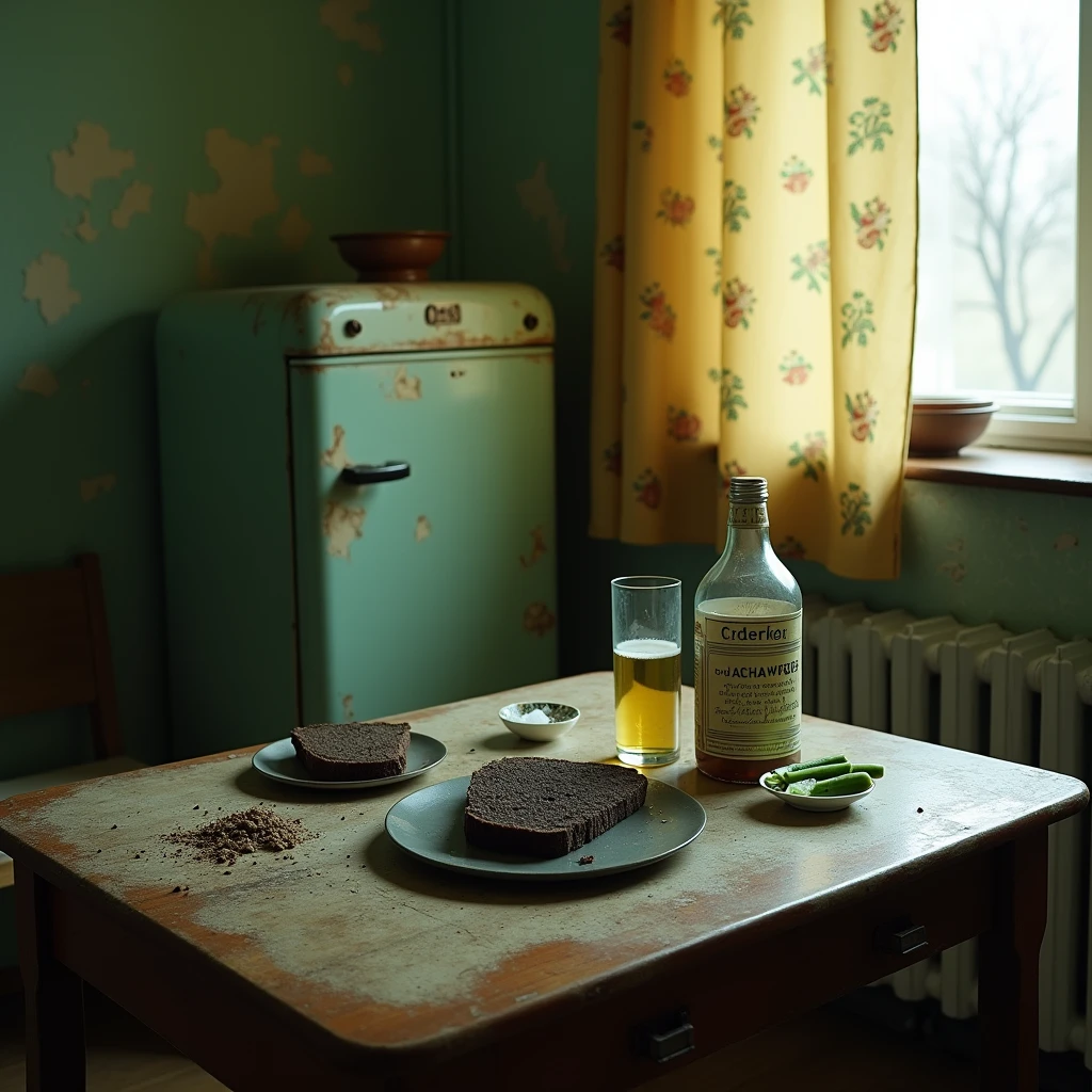  USSR atmosphere 1980-1990 ,  kitchen table with scratches and crumbs in the kitchen(, the green painted wall is already peeling off,desolation,(old white fridge  )( ZIL USSR refrigerator ) in the corner ,In the foreground , on the table there are 2 pieces of black bread  ( gray-black square ), there is a glass of vodka  ( lettering and a bottle of Russian Vodka behind " wheat " ( Russian vodka with  " wheat ")), and 2 lightly salted ones in the saucer cucumber ,photorealism, Soviet style photos of the 1970s , focus on bread ,on the table there are crumbs , USSR curtains on the window ( burnt into a yellow flower ),old cast iron battery ,