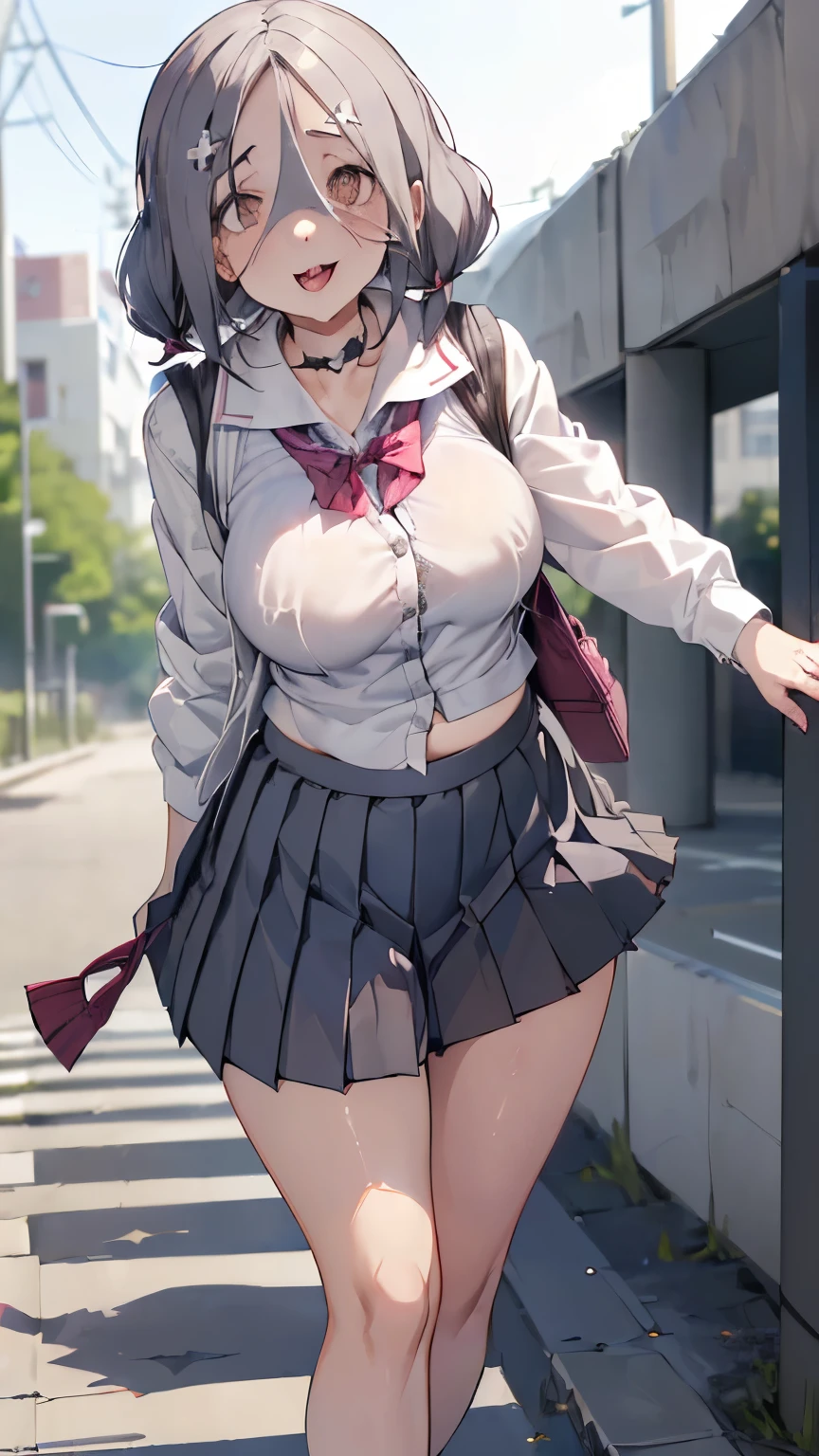 (school girl:1.3), (ashen Hair:1.2), Laughter, (droopy eyes:1.5), ((Femme fatale、Pervert girl)), school uniform, serafuku, (ashen pleated skirt:1.4), sailor collar, (white shirt:1.3), , (large breasts:0.5),(wear a cardigan:1.7, navy color), 