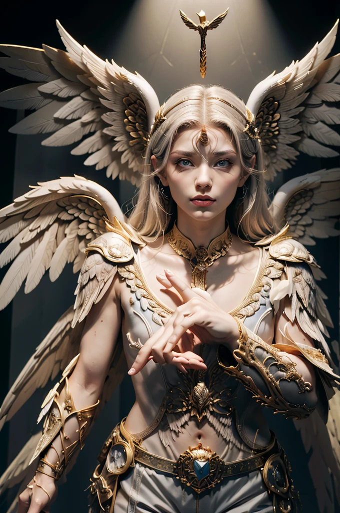 a muscular, thin and defined archangel with multiple golden and blue eyes, six wings, long grey hair, hermaphrodite,wearing a lab coat and shorts, highly detailed, photorealistic, 8k, masterpiece, chiaroscuro lighting, dramatic composition, cinematic lighting, dramatic pose, hyperrealistic, intricate details, award winning digital art
