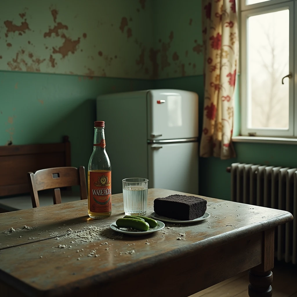  USSR atmosphere 1980-1990 ,  kitchen table with scratches and crumbs in the kitchen(, the green painted wall is already peeling off,desolation,(old white fridge  )( ZIL USSR refrigerator ) in the corner ,In the foreground , on the table there are 2 pieces of black bread  ( gray-black square ), there is a glass of vodka  ( lettering and a bottle of Russian Vodka behind " wheat " ( Russian vodka with  " wheat ")), and 2 lightly salted ones in the saucer cucumber ,photorealism, Soviet style photos of the 1970s , focus on bread ,on the table there are crumbs , USSR curtains on the window ( burnt into a yellow flower ),old cast iron battery ,