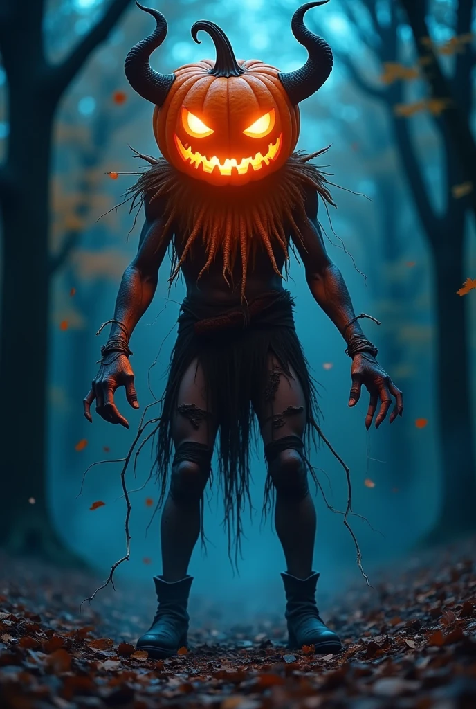 Halloween， A fearsome pumpkin lantern monster  , Devil&#39;s Horns,  Legs pierced by countless lightning ,  Ragged clothes，Leather Boots， Exposed twisted trees , Colourful colored paper , Lingering,   woven intricate patterns with colored nebulae， dark , Moody, fear, dark  fantasy,  dramatic lighting , bright color ,Movie