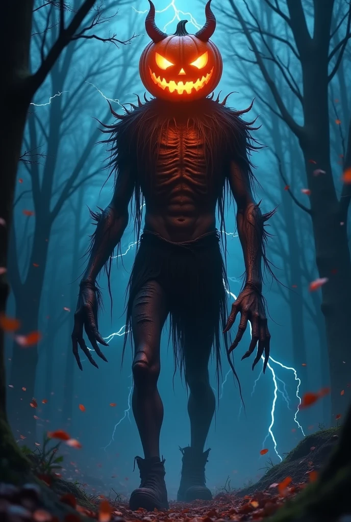 Halloween， A fearsome pumpkin lantern monster  , Devil&#39;s Horns,  Legs pierced by countless lightning ,  Ragged clothes，Leather Boots， Exposed twisted trees , Colourful colored paper , Lingering,   woven intricate patterns with colored nebulae， dark , Moody, fear, dark  fantasy,  dramatic lighting , bright color ,Movie