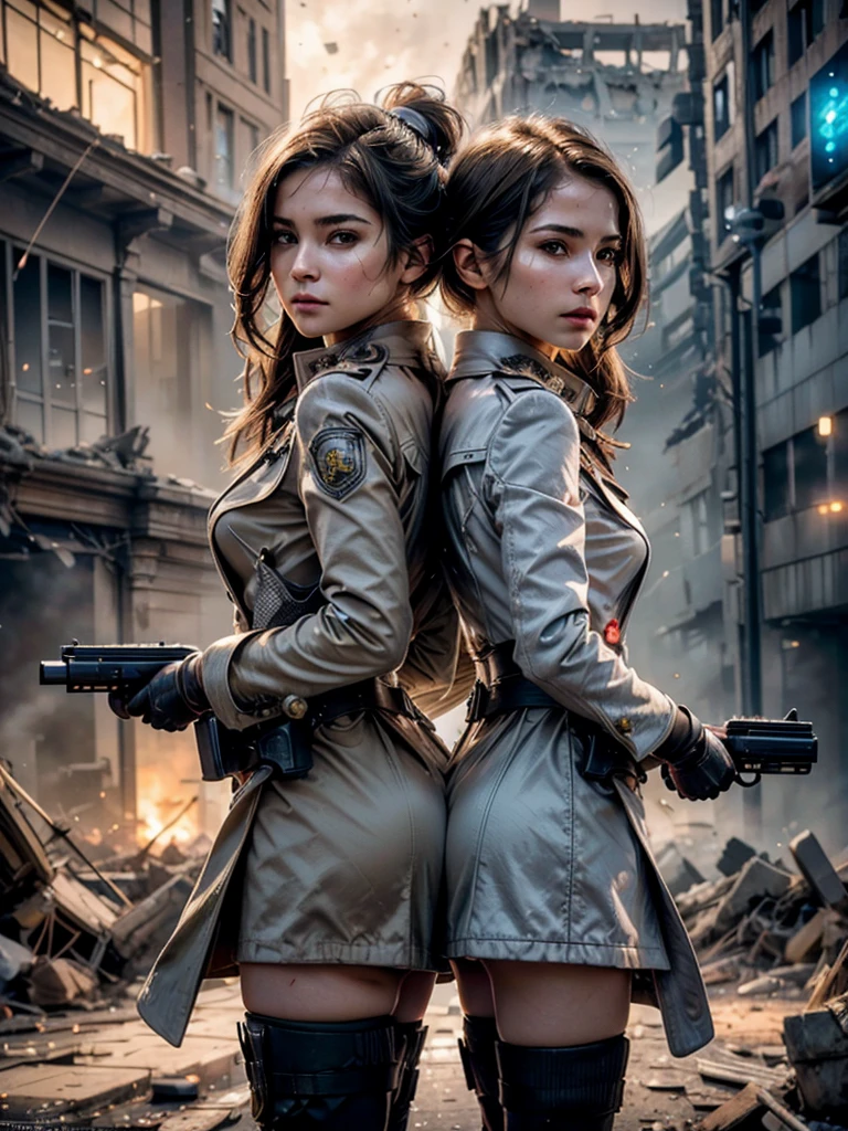 Highest quality, Realistic, (Photo Realistic:1.35), Award-winning photography, (Intricate details), (Subtle details), (Intricate details), (Cinematic Light), Sharp focus, 

((2girl)), ((Beautiful twin)), 
((posing with their backs together:1.45)),
((gun aiming at viewer:1.40)), 
break 

(wearing matching  coats), 
Twin sisters wearing matching elegant coats, 

((Small Face Beauty)), 
(Hair blowing in the wind), 
(Eyes chasing prey), 
beautiful face, detailed face, 
An exceptionally beautiful face, 
Perfect Human Anatomy, 
Transparent soft white skin, 
break 

((battlefield)), (Destroyed rubble, collapsed buildings, gunfire, explosions), 

(cinematic lighting), 
light particles, 
shine, glint,
Expressing emotions, 
Have a rich imagination,
Professional Lighting, 
Professional photographer, 

(depth of field:1.30), 
