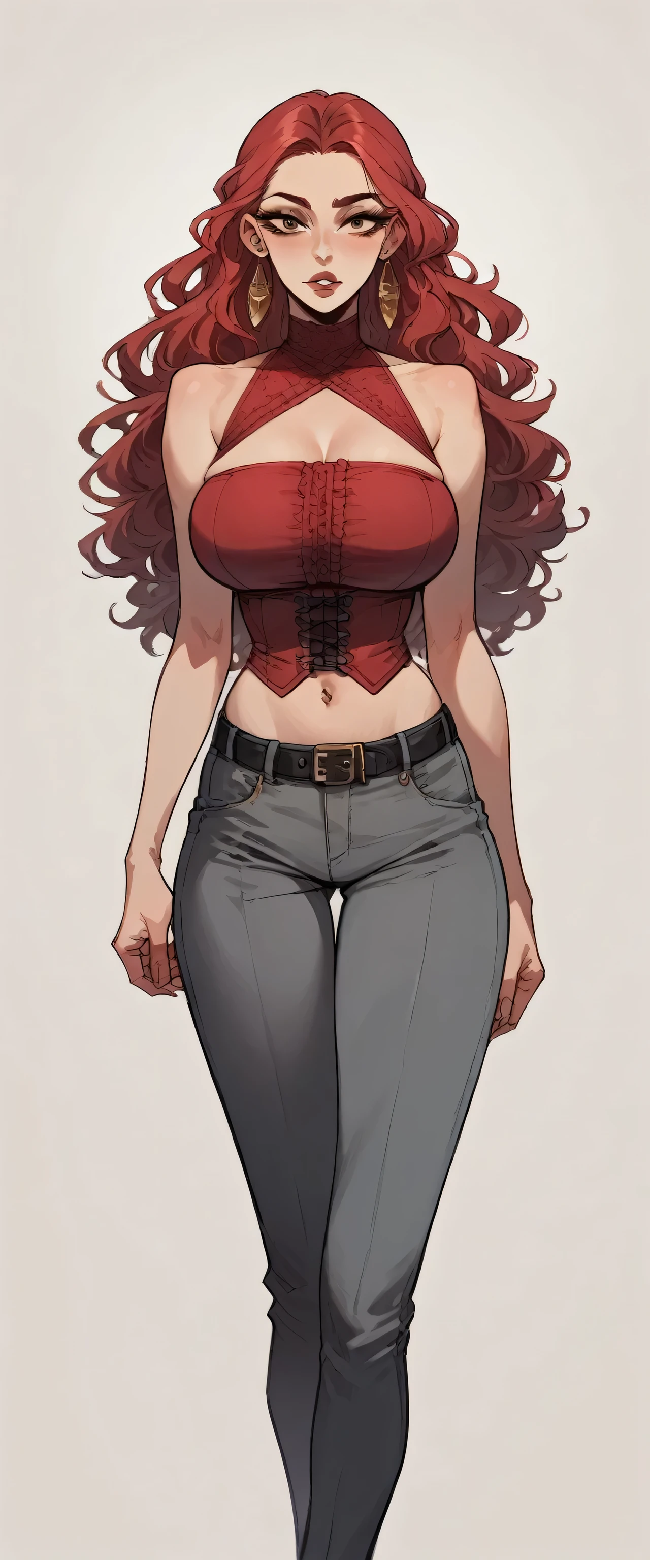 A beautiful woman big breasted Bella sexy sexy sexy red hair wavy shiny curly long straight her eye light red long eyelash dresses red corset top shows navel and dark gray pants black belt black heel gold ear earring 