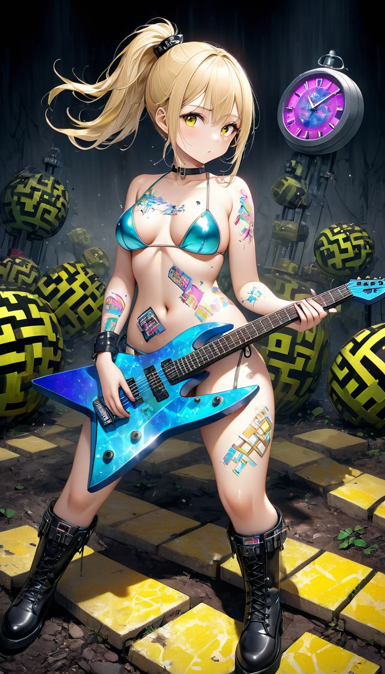 conceptual installation artwork, cool beauty, blonde glossy silky ponytail, lewd expression, curvaceous, wearing iridescent-plated microbikini, tight fit spats, engineer boots (star-shaped deformed electric guitar stuck in the ground, maze-like pattern painted on the body with fluorescent paint, metal-plated clock punk), BREAK background space rays lightning falling, various effects, delicate and dynamic textures, contrasts of light and shadow, 2.5D, artistic photography, hyper realistic, digital graphic CG, BREAK ultra detailed, absolutely resolution, best quality