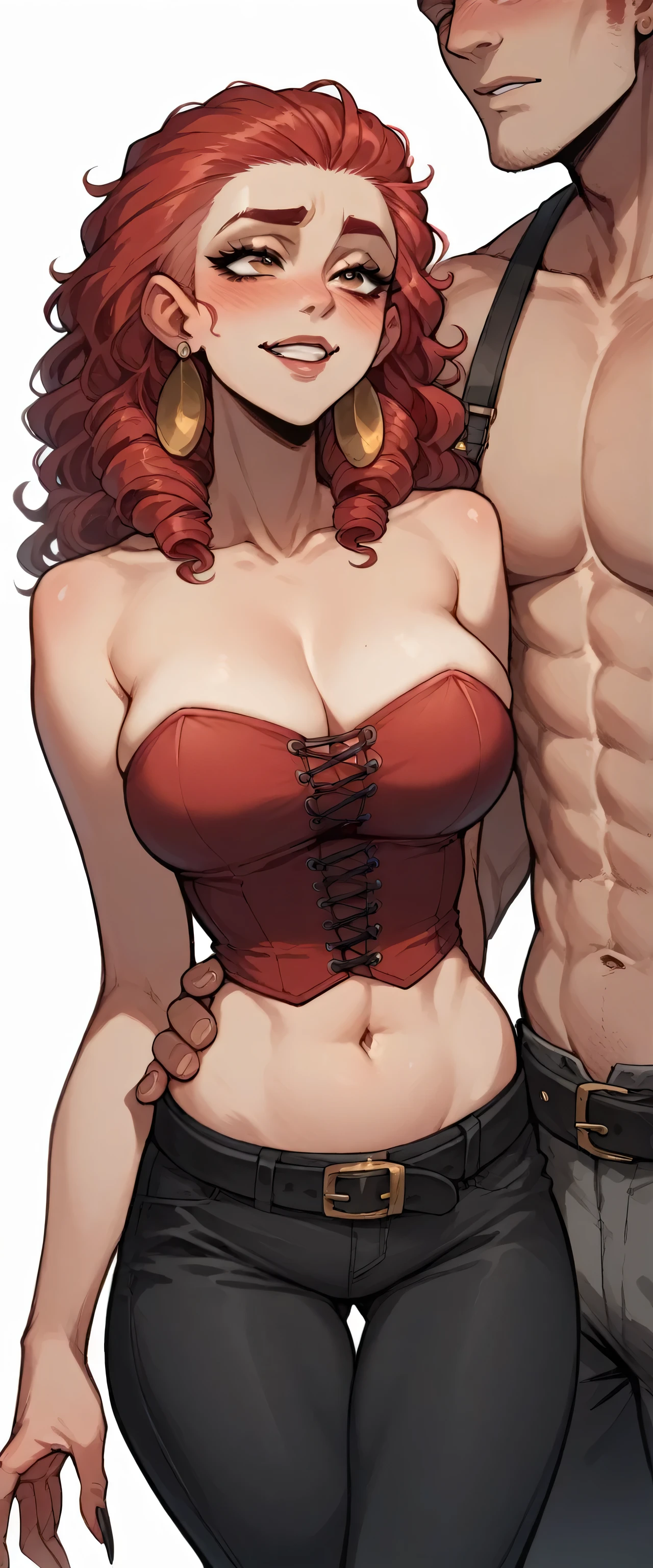 A beautiful woman big breasted Bella sexy sexy sexy red hair wavy shiny curly long straight her eye light red long eyelash dresses red corset top shows navel and dark gray pants black belt black heel gold ear earring sex love relationship dwarf boy