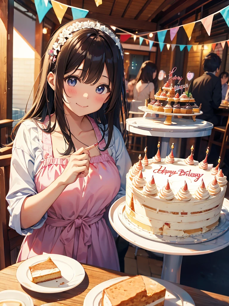 closeup cleavage：The birthday cake，Chocolate cream，Colorful flowers，Flower circle center composition，
